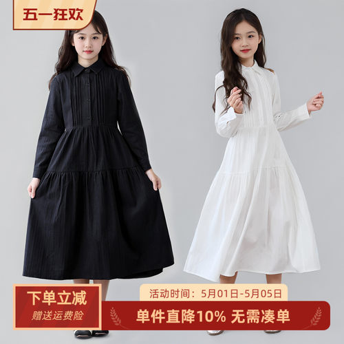 春秋女童纯棉森系白色衬衫连衣裙