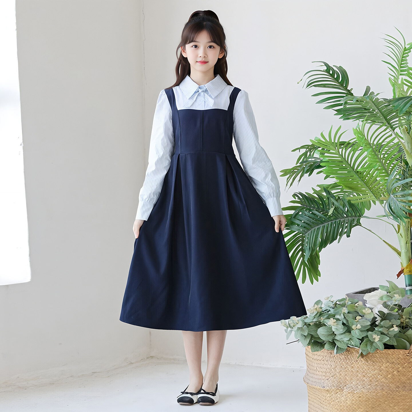 女童韩系学院风假两件连衣裙2026春秋新款女大童洋气收腰公主裙子
