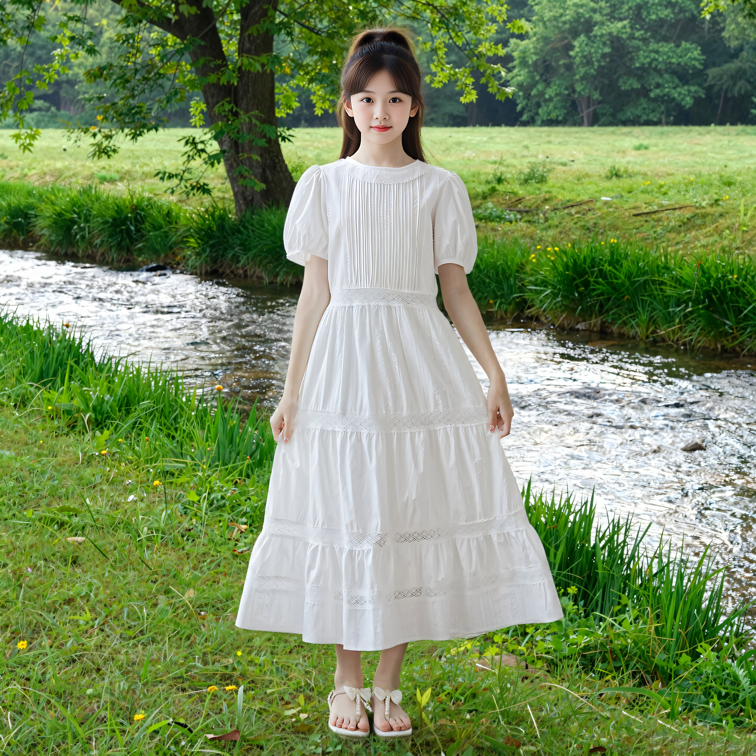 女童纯棉白色公主裙夏季仙女裙2026新款中大童甜美镂空时尚连衣裙