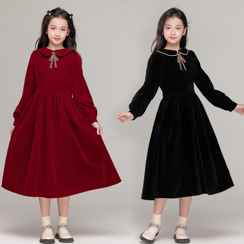 女童2025新款儿童加绒翻领红色连衣裙洋气中大童收腰长袖新年裙子
