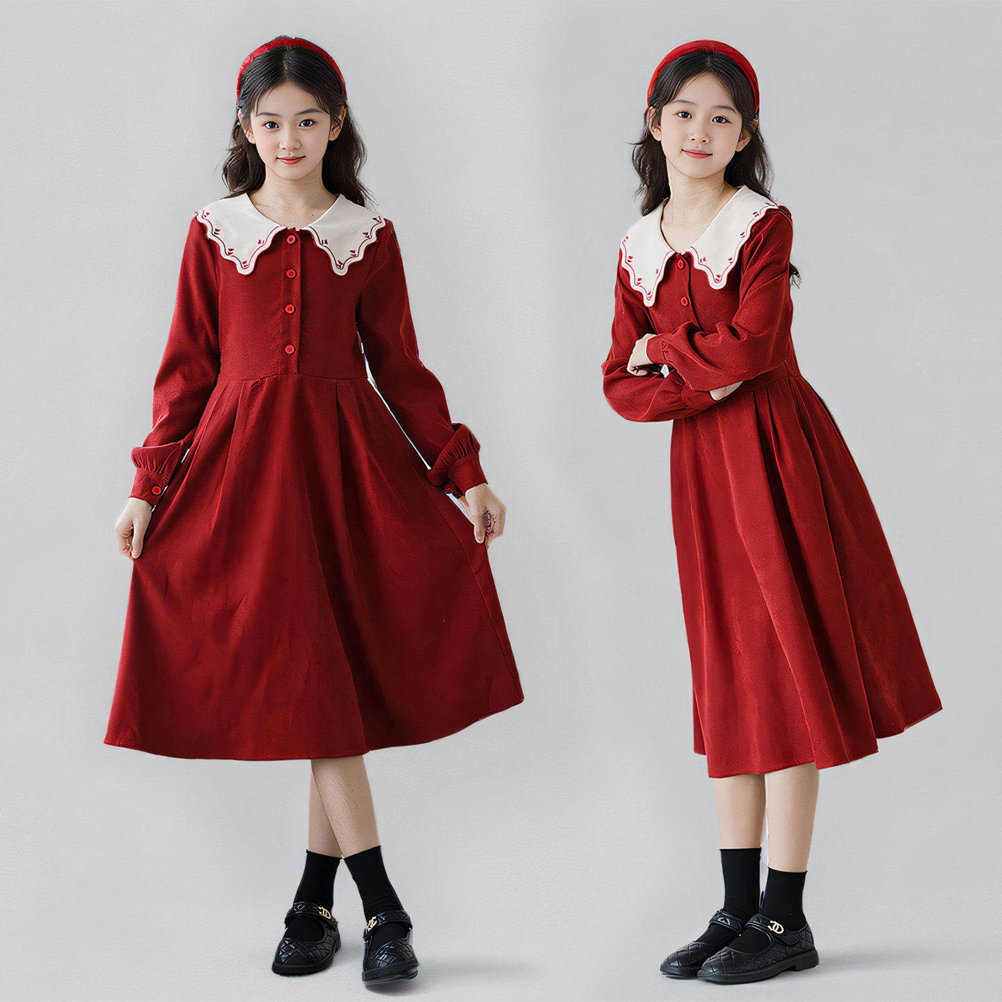秋冬季女童娃娃领长袖连衣裙2025新款中大童洋气高级感红色公主裙
