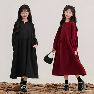韩版女童宽松加绒连衣裙秋冬款洋气胖女孩公主裙中大童红色新年裙
