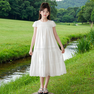 女童连衣裙夏季白色纯棉高级感刺绣公主裙中大童洋气甜美仙女裙子
