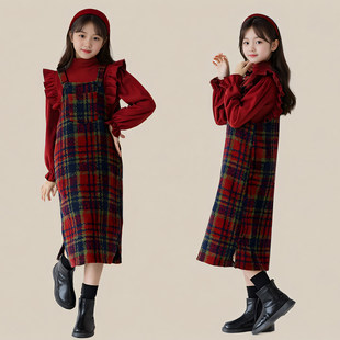 女童格纹毛呢背带裙2025秋冬韩版 裙复古连衣裙 中大童红色新年套装