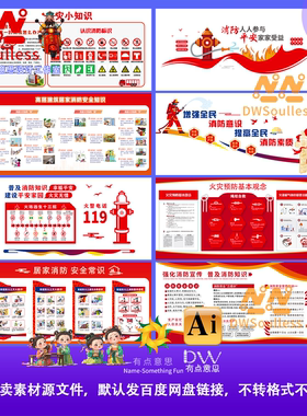 红色消防安全宣传海报模板设计素材卡通教育宣传展板安全知识墙面
