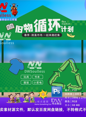 绿色户外跳蚤市场摊位展示牌设计素材Ps旧物回收环保集市小吃车ps