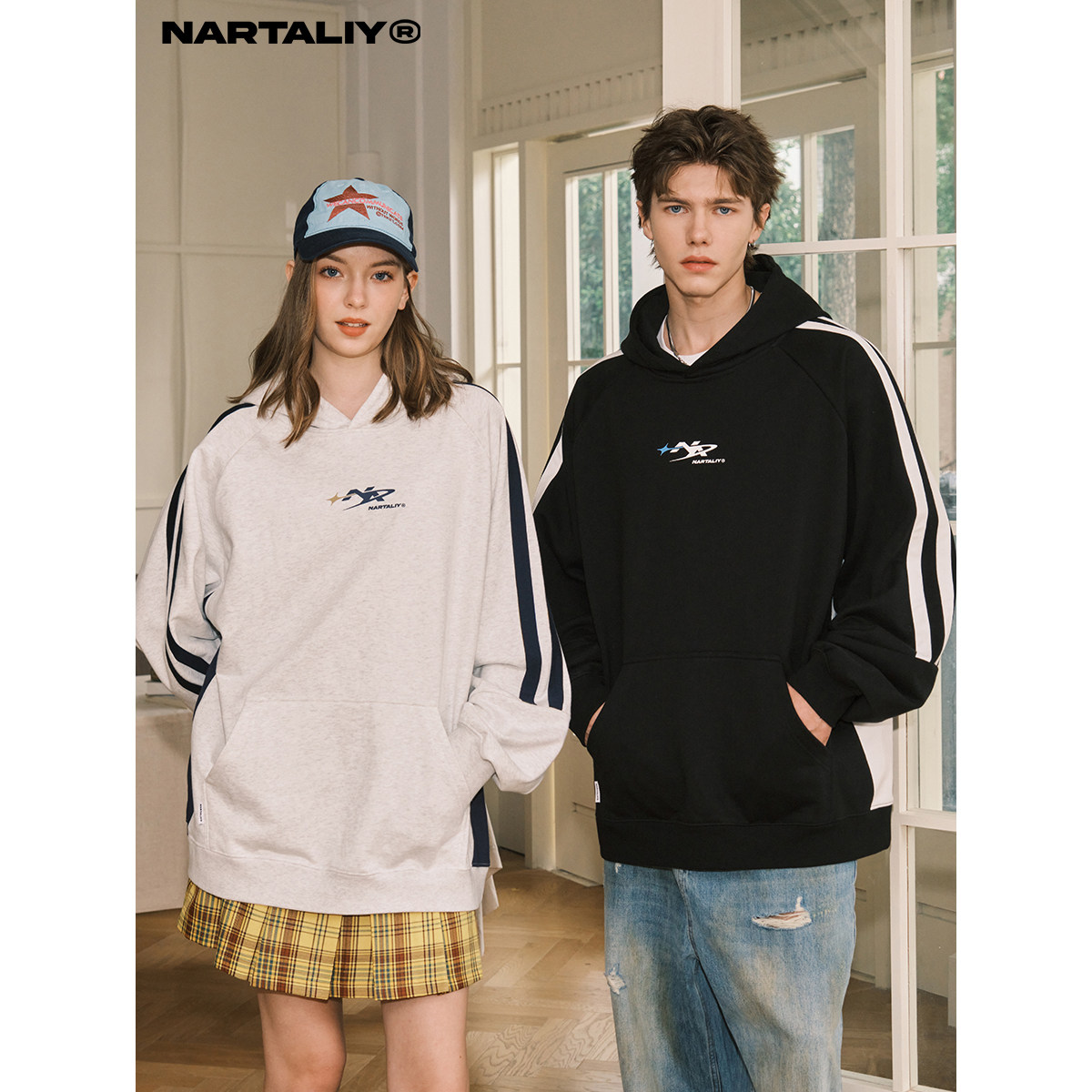 NARTALIY美式织带拼色印花连帽卫衣男女春秋潮流宽松情侣帽衫外套,男装,卫衣,淘宝优惠券,粉丝福利购,淘宝优惠卷
