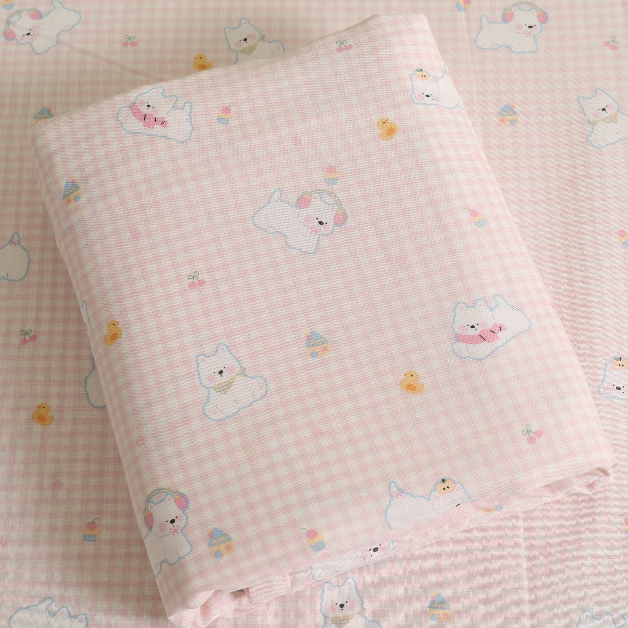 粉色开心小狗夏季a类双层纱婴儿宝宝床单单件纯棉全棉幼儿园定制