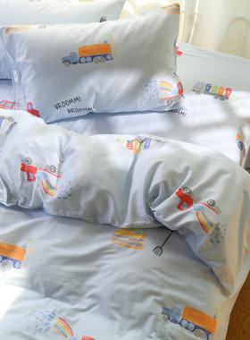 蓝色汽车很忙男孩卡通可爱儿童被套四件套100全棉纯棉被罩200x230