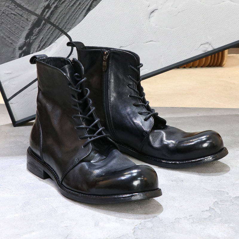 优100马皮大头拉链马丁靴复古褶皱水洗高帮男士皮靴休闲皮鞋短靴