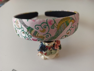 非遗宋锦粉色喜上眉梢瑞鸟加宽加大发箍高奢法式海绵高颅顶