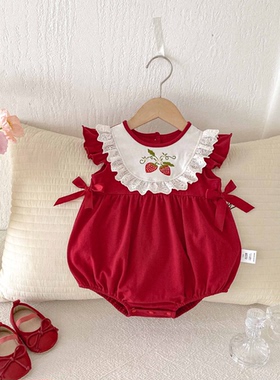 宝宝满月百天衣服红色樱桃连体衣薄款公主洋气哈衣婴幼儿夏季爬服