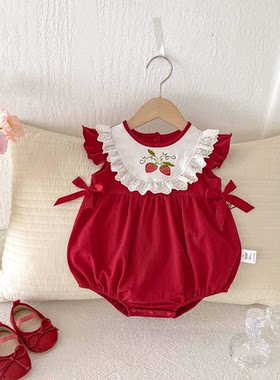 宝宝满月百天衣服红色樱桃连体衣薄款公主洋气哈衣婴幼儿夏季爬服