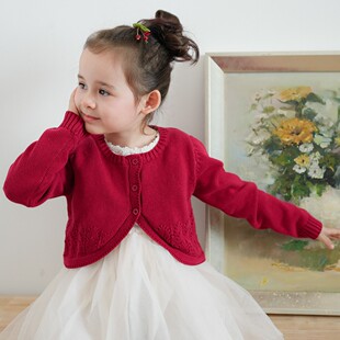 外套棉线毛衣小披肩 长袖 女童配裙子上衣春秋宫廷风儿童针织衫 开衫