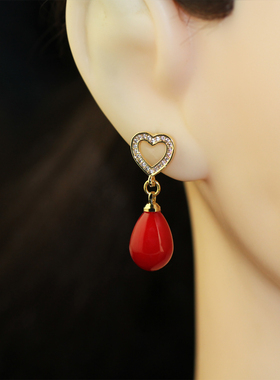 凡妮莎优雅甜美喜庆百搭红色仿珍珠爱心水滴耳环耳钉S925银针 C09