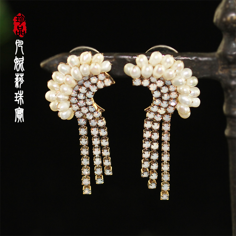 凡妮莎韩国进口纯手工制优雅伴月珍珠镶钻流苏耳环耳钉耳坠 C03