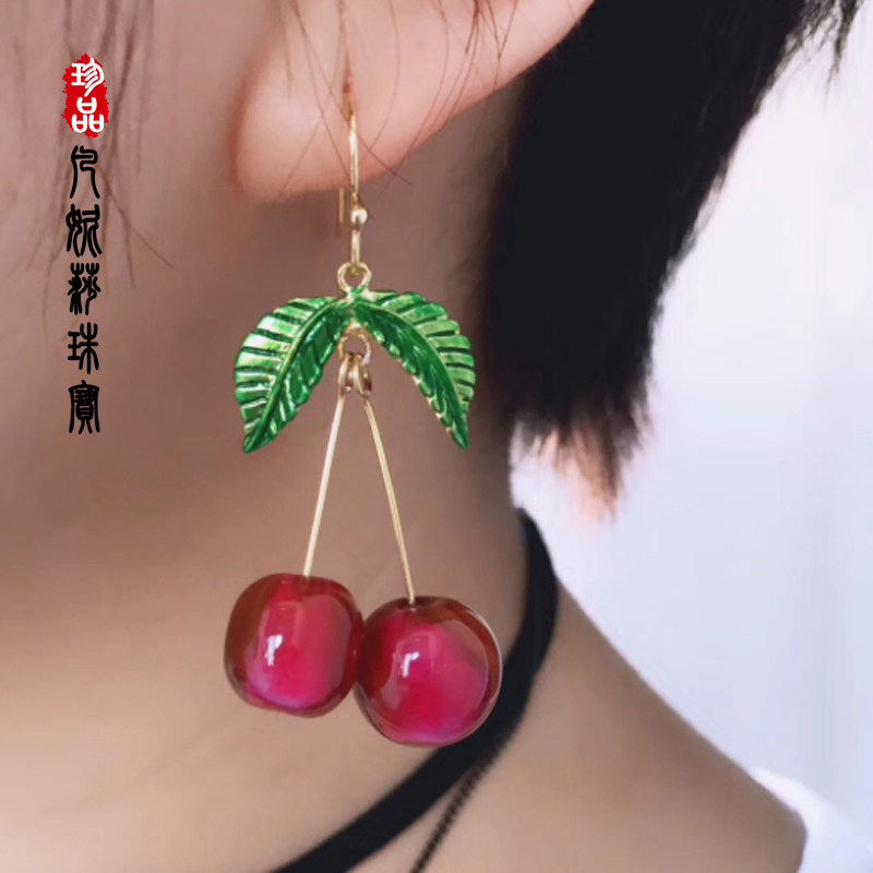 百搭优雅琉璃红樱桃春带彩耳环