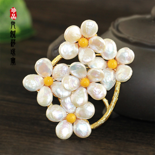 凡妮莎优雅古风天然珍珠母贝蜜蜡花朵大衣毛衣胸针胸花别针女 I08