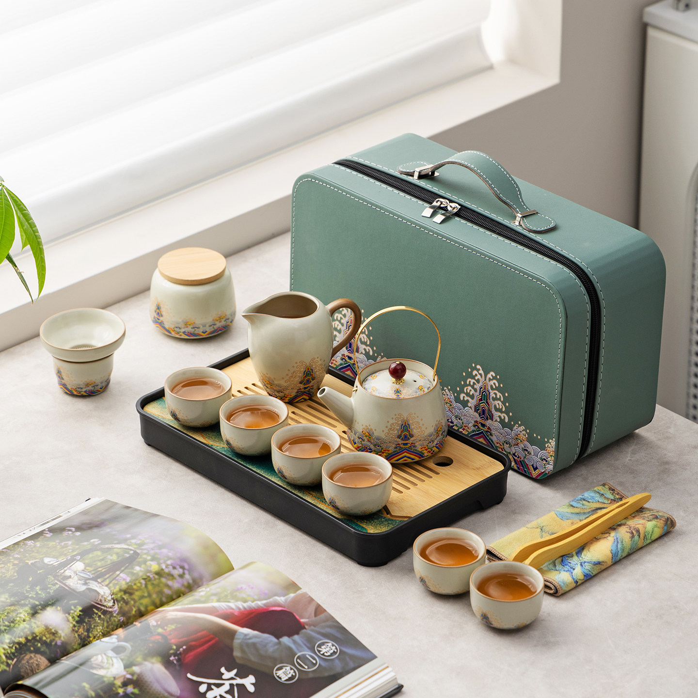 汝窑旅行陶瓷功夫茶具套装家用便携式户外露营泡茶壶盖碗茶杯茶盘,餐饮具,旅行茶具,淘宝优惠券,粉丝福利购,淘宝优惠卷