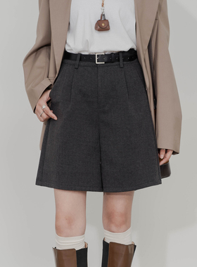 西装直筒五分裤女宽松显瘦中裤简约百搭靴裤外穿毛呢阔腿短裤
