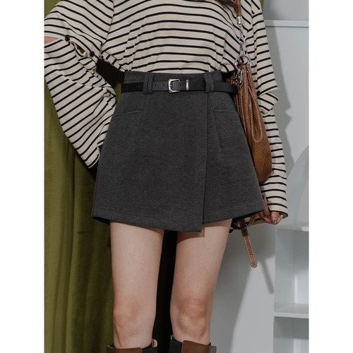 A字高腰复古百搭毛呢阔腿短裙裤