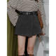 复古百搭设计感腰带休闲短裤 毛呢质感裙裤 女半松紧高腰不对称靴裤