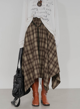 复古毛呢半身裙女松紧高腰不规则设计感显瘦百搭甜酷格纹中长裙