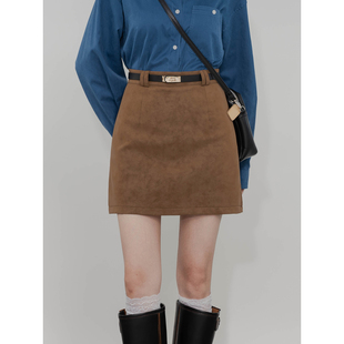 复古高腰A字半身裙女修身 百搭防走光内衬显瘦麂皮绒质感包臀短裙