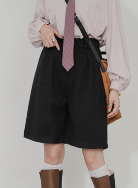 高腰直筒五分裤女宽松显瘦简约经典暗条纹高级感西装毛呢阔腿短裤