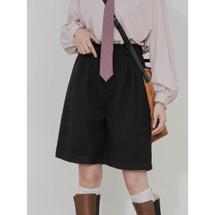 毛呢阔腿短裤 暗条纹高级感西装 女宽松显瘦简约经典 高腰直筒五分裤