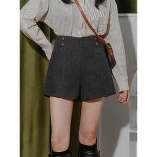 饰显瘦高级感呢子休闲裤 宽松百搭纽扣装 女秋季 毛呢质感阔腿短裤