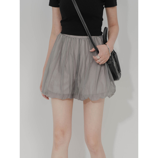 阔腿蓬蓬裙裤 女松紧高腰双层网纱简约显瘦甜酷百搭休闲云朵短裤