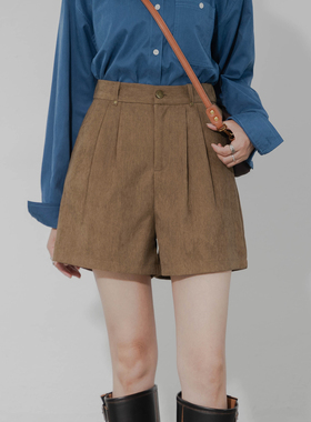 灯芯绒阔腿短裤女半松紧高腰复古百搭宽松显瘦A字秋季条绒休闲裤