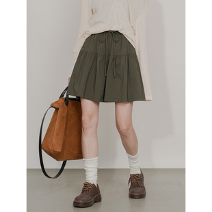 宽松显瘦阔腿短裤 女松紧高腰抽绳绑带设计感棉麻质感褶皱休闲裙裤
