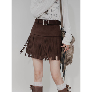 麂皮绒半身裙女高腰百搭拼接设计感修身 显瘦甜酷A字流苏复古短裙