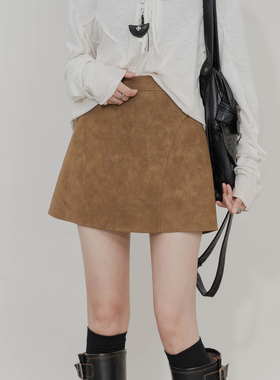 麂皮绒半身裙女高腰A字简约拼接设计感修身显瘦百搭复古气质短裙