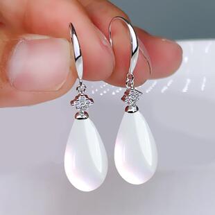 天然东陵玉S925纯银耳环时尚简约大气耳坠不过敏耳饰品2025年新款