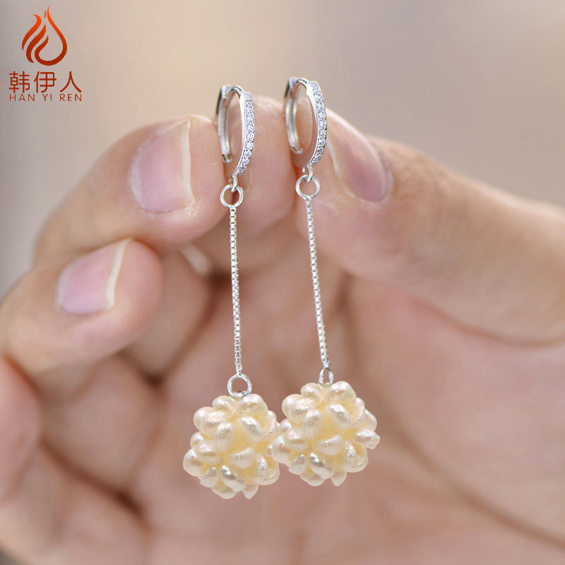 S925纯银耳环女天然淡水珍珠花2024年新款潮中长款气质显瘦防过敏