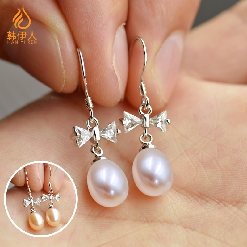 天然珍珠耳环s925纯银韩国时尚气质长款耳坠蝴蝶结耳钉女防过敏