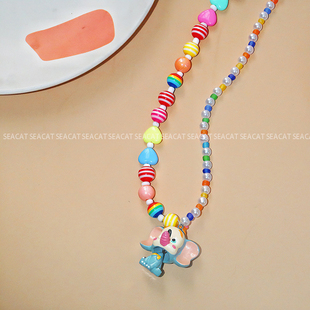 原创手作卡通小飞象吊坠毛衣链DIY可爱彩色串珠童趣重工儿童项链