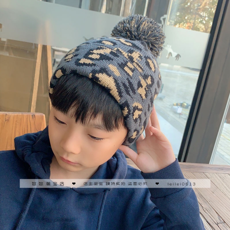儿童豹纹针织帽子秋冬新款毛线帽显脸小保暖套头护耳冷帽儿童帽子