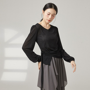 共妍V领灯笼长袖 古典现代舞蹈生艺考演出比赛练功服宽松绑带上衣