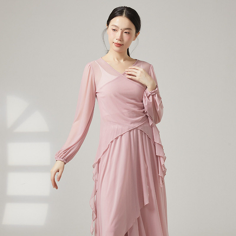 共妍V领荷叶边灯笼袖舞蹈练功服