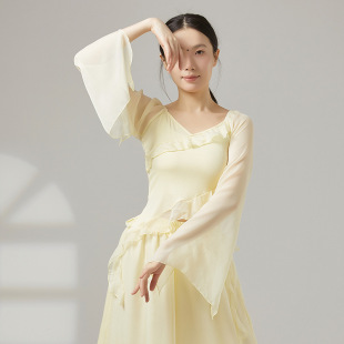 共妍仙气古典现代舞蹈生艺考演出形体练功服V领喇叭袖 显瘦上衣女