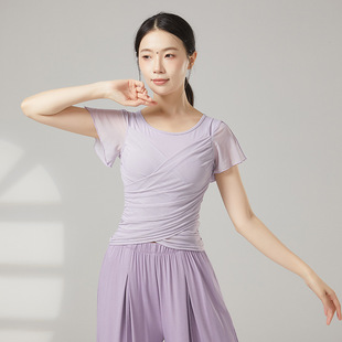 共妍新款 上衣 古典现代舞蹈生艺考演出形体练功服圆领网纱拼接短袖