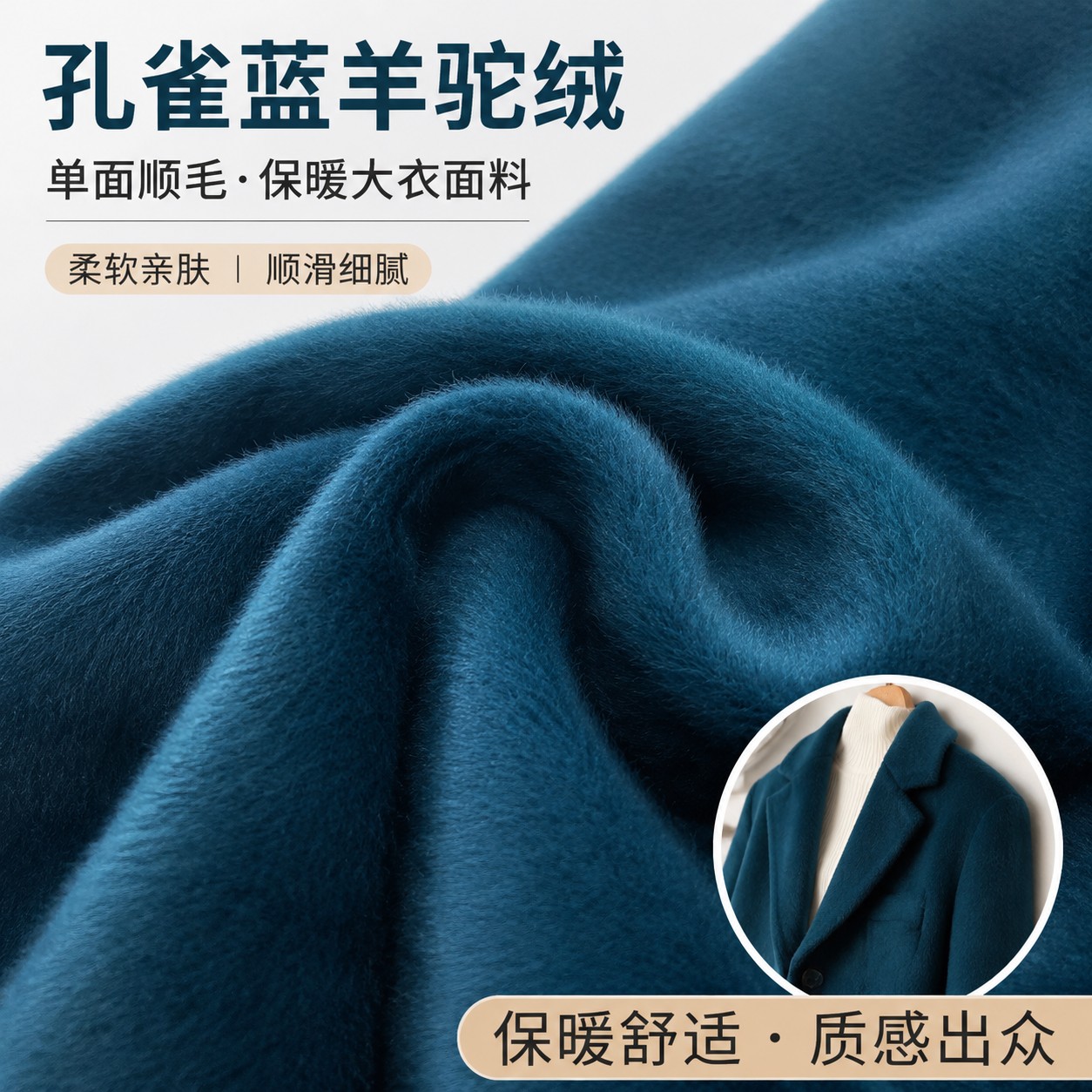 进口孔雀蓝色羊驼绒单面顺毛面料羊毛呢大衣外套保暖阿尔巴卡布料