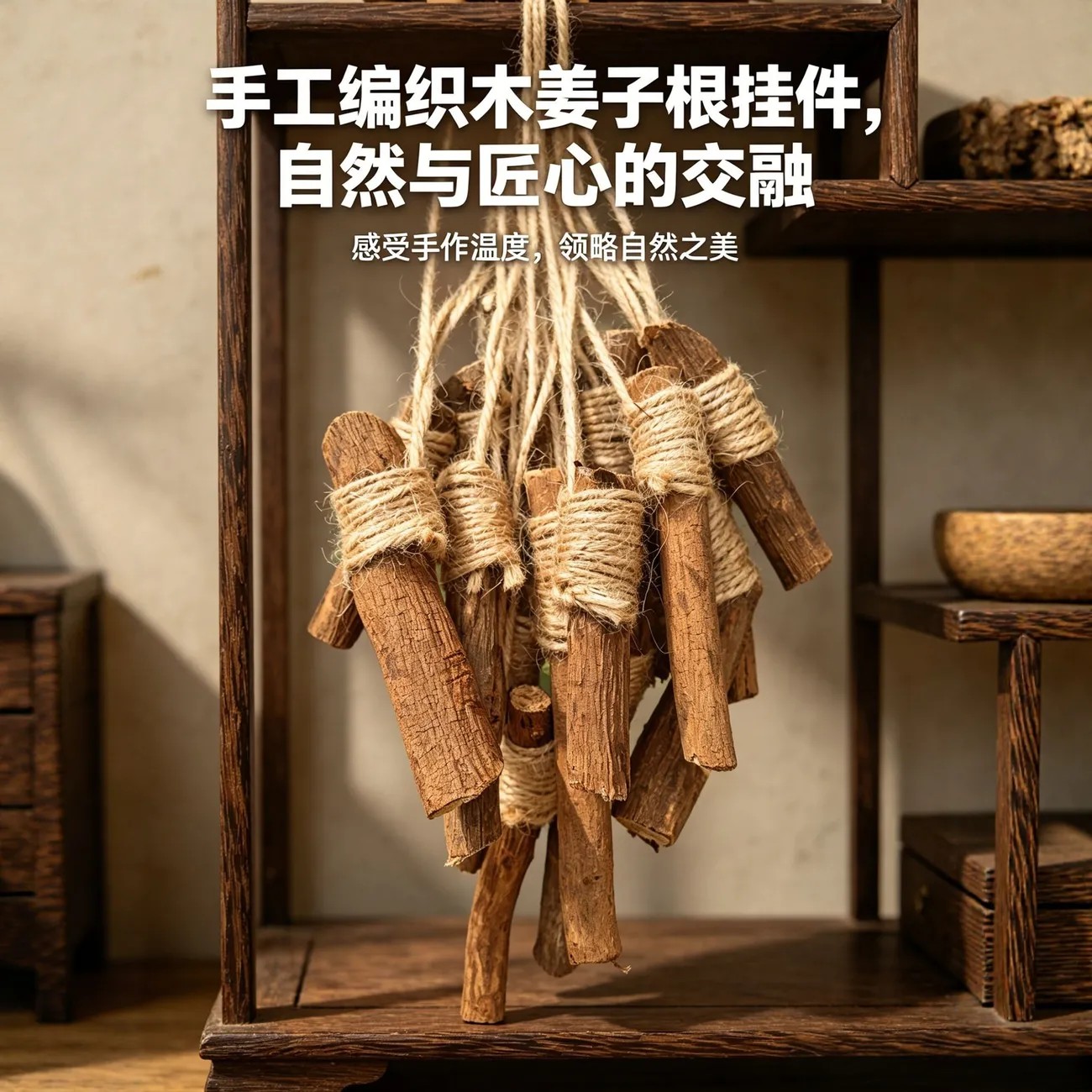 手工木姜子根编绳挂件车钥匙包挂民族风吊坠天然山胡椒根摆件装饰图片