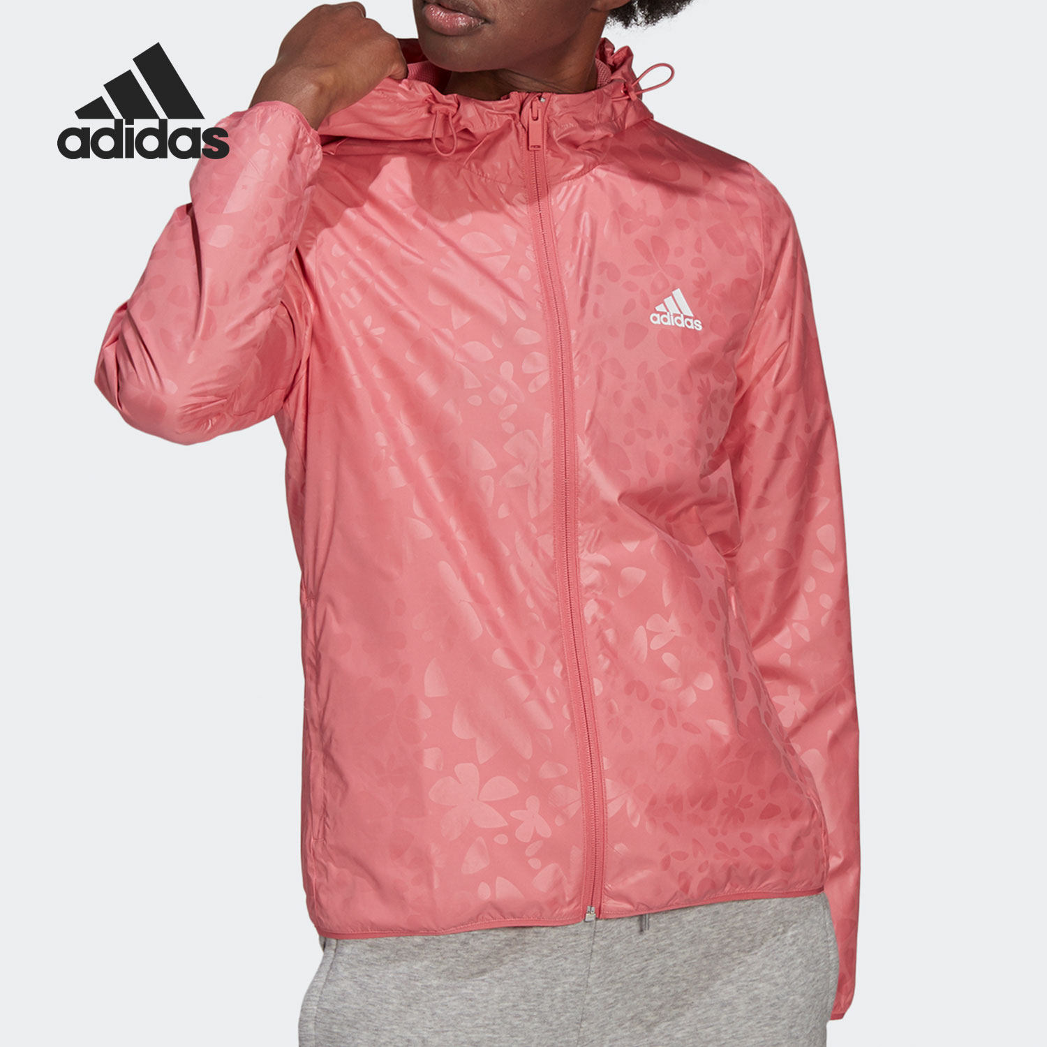 阿迪达斯运动服上衣粉色休闲夹克