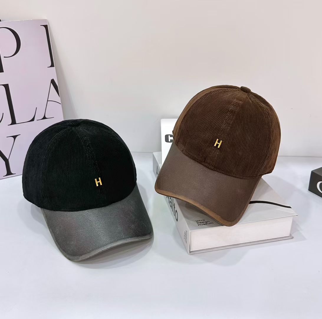 新款小标H字母棒球帽子灯芯绒男女同款百搭显脸小鸭舌帽