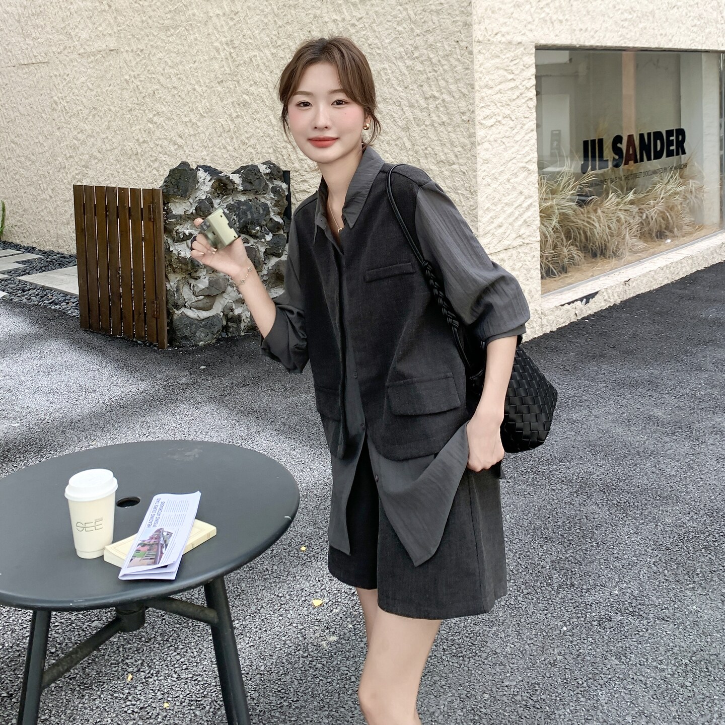 复古设计感套装女2025秋新款小个子轻熟风撞色拼接衬衫短裤两件套图片
